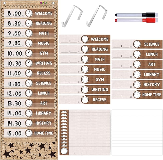 Daily Schedule Pocket Chart, Burlap Classroom Chart with 13+1 Pockets, 26 Reusable Cards (13 Double Sided Printed Cards & 13 Blank Ones) plus 2 Metal Mounting Hangers (Burlap, 13” x 36”)