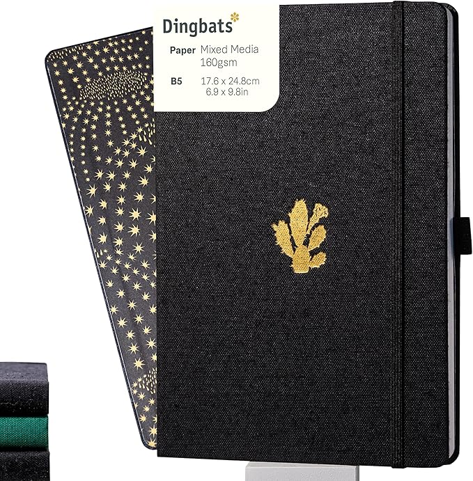 Dingbats* Pro Dotted Large B5 Notebook - Black Textile Cover, Thread-Bound Writing Journal - for Work, Travel - Pocket, Elastic Closure, Bookmark