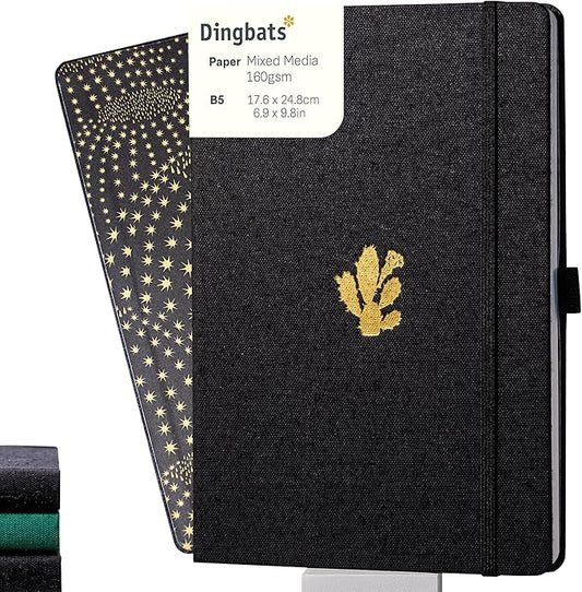 Dingbats* Pro Dotted Large B5 Notebook - Black Textile Cover, Thread-Bound Writing Journal - for Work, Travel - Pocket, Elastic Closure, Bookmark