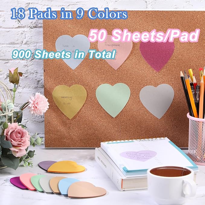 Jetec 900 Sheets Transparent Sticky Notes 18 Translucent Sticky Notes Clear See Through Memo Pad Colorful Self Adhesive Notepads for Notebook Bible Vision Board Office School(Heart,Cute Color)