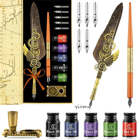 Feather Pen and Ink Set Calligraphy Kit for Beginners with Quill Pen, Antique Vintage Stationary Set for Writing, Signing & Hand Lettering Art (Grey Feather)
