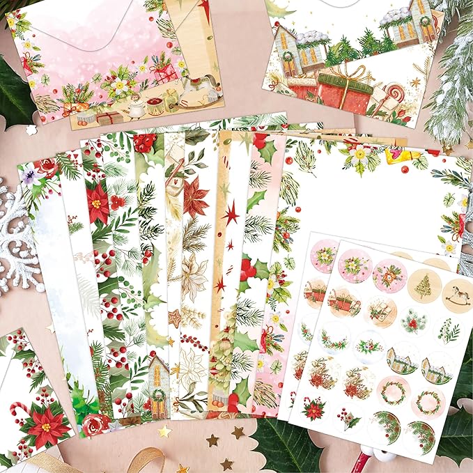 160 PCS Christmas Stationery Set with Envelopes and Stickers, 50 Writing Papers 50 Matching Envelopes 60 Seal Stickers, Holiday Letter Writing Set for Xmas Greeting Cards Invitations Party