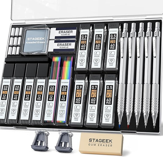 STAGEEK 25PCS Art Mechanical Pencil Set, 3PCS Metal lead pencil 0.5, 0.7, 0.9, 2PCS 2mm Drawing Pencil (HB 2H 2B 4B Color) with 392PCS Graphite Leads, Eraser with Case for Drafting Drawing Writing