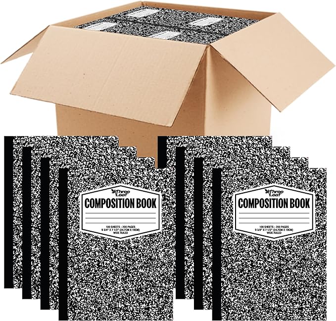 three leaf 100 SHEETS WIDE RULED 9-3/4" x 7-1/2" COMPOSITION NOTEBOOK, PACK OF 48, WRITING JOURNAL NOTEBOOK, HOME SCHOOL SUPPLIES FOR COLLEGE STUDENTS & K-12, SEWN BINDING HARD COVER MARBLE NOTEBOOK