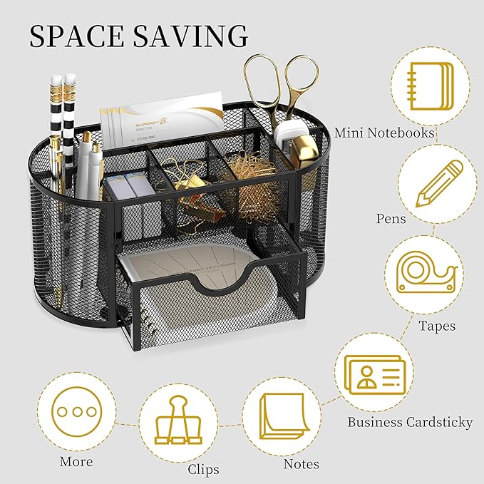 SUPEASY Mesh Desk Organizer, Desk Accessories & Workspace Organizers with Drawers, Pencil Holder for Desk with 9 Compartments for Office Supplies, School, Classroom, 8.6 x 4.3 x 4.1 Inch, Black
