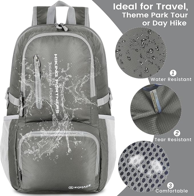 ZOMAKE Lightweight Packable Backpack, Water Resistant Foldable Daypack 35L | Light Hiking Backpacks Collapsible Day Pack for Travel, Everyday Carry, Multi Compartment Storage, Adjustable Strap (Dimgray)