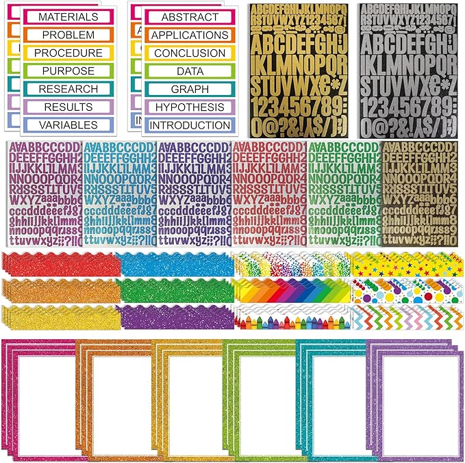 Sinload 92 Pcs Science Fair Board Supplies 60 Trim Scalloped Poster Boards 18 Presentation Subtitles 6 Project Titles 8 Letter Sticker for Classroom Display Boards (Glitter Neon,Wave)