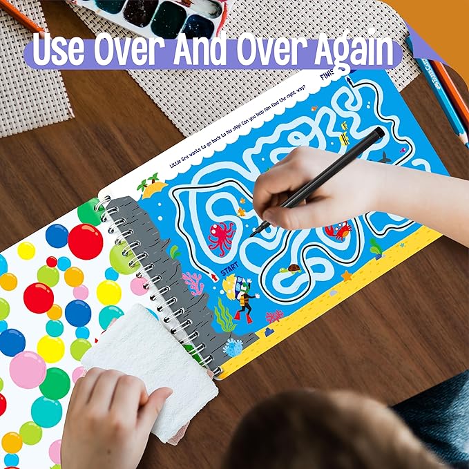 SpriteGru Dry Erase Mazes Game Pad, 30 Mazes Reusable & Erasable Book, Fun Brain Challenge Games Interesting Educational Toy and Learning Tool for Road Trip Airplane Travel