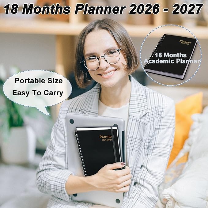 Day Planner 2026-2027, 2026 Planner Weekly and Monthly, from Jul 2026-Dec 2027, 18 Month Agenda Book with Tabs, A5 Size, Black