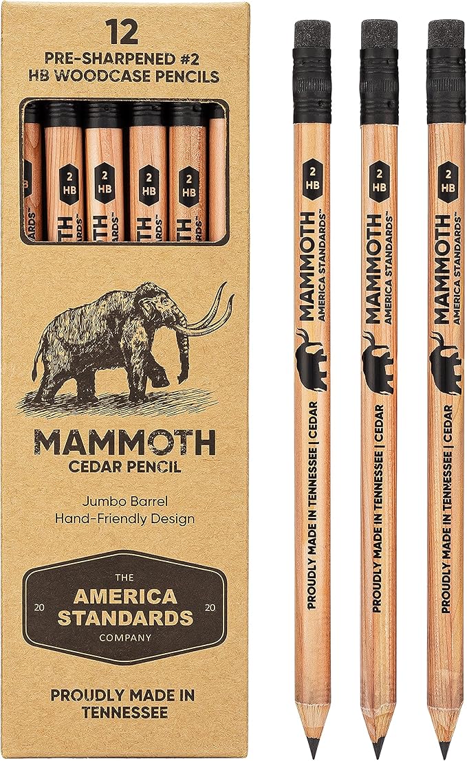 Mammoth Jumbo Pencils - 12 Pack, American-Made Cedar Pencils for Preschoolers, Kids, Carpenters, Handymen, People with Hand Issues, Comfortable Grip, Break-Resistant Graphite Core, Smudge-Free Eraser
