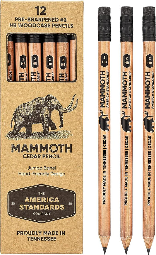 Mammoth Jumbo Pencils - 12 Pack, American-Made Cedar Pencils for Preschoolers, Kids, Carpenters, Handymen, People with Hand Issues, Comfortable Grip, Break-Resistant Graphite Core, Smudge-Free Eraser