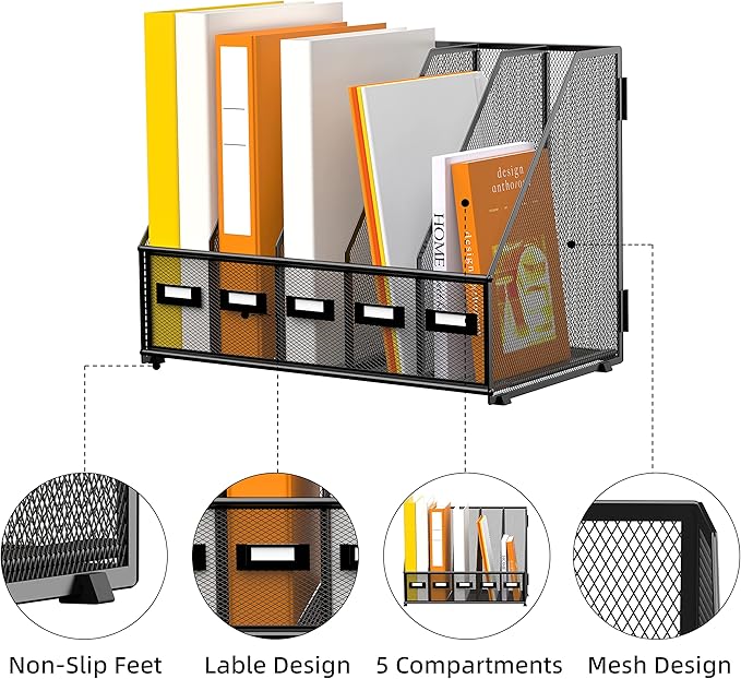 DALTACK 5 Vertical Compartments Magazine File Holder, Binder Organizer, Metal Desk Organizers for Office Home School Classroom Organization, Black
