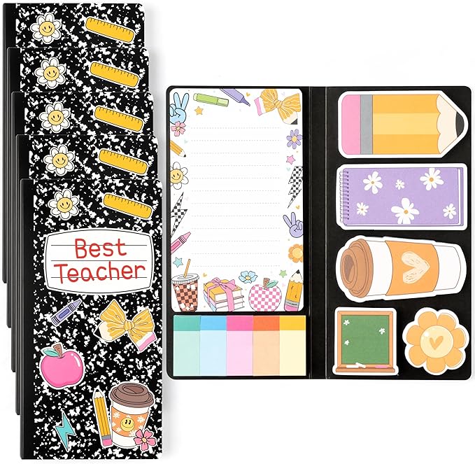 B1ykin Best Teacher Sticky Notes Set - Black Composition Line Teacher Self-Stick Notes Pad, 550 Sheets Writing Memo Pages Sticky Notepad for Teacher Appreciation Gifts, School Office Supplies (5Pcs)