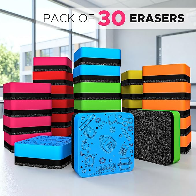 Scribbledo 30 Pack Dry Erase Erasers Assorted Colors Magnetic Whiteboard Erasers for Kids and Students - Smudge Free Small Dry Erase Board Erasers for Classroom Home School and Office