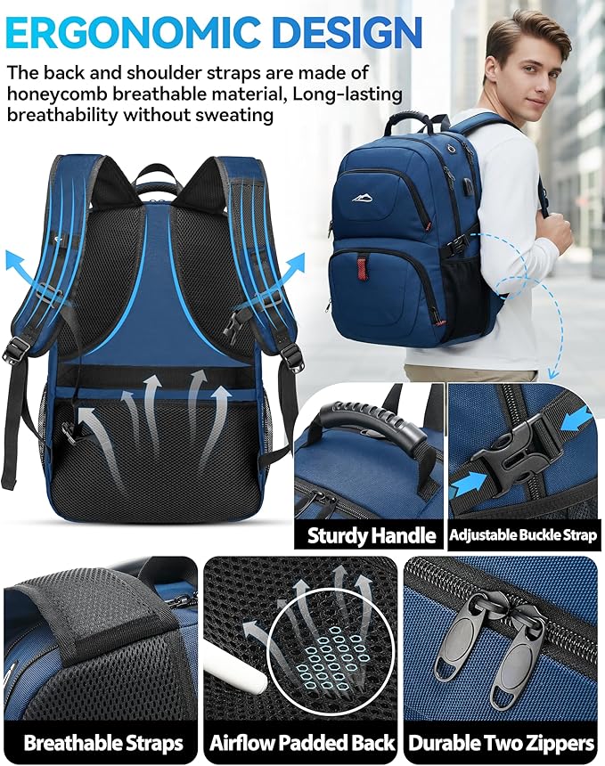 ProEtrade Travel Backpack, Extra Large Laptop Backpack Business Anti Theft TSA Approved College Work Computer Bag Fits 18.4 Inch Laptop with USB Charging Port for Women Men(Blue,L)