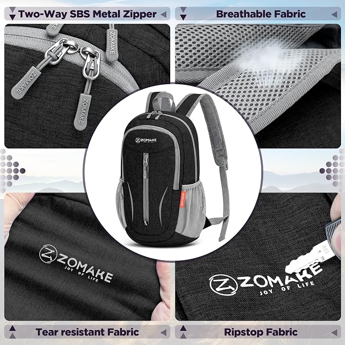 ZOMAKE Lightweight Packable Backpack, 10L Small Foldable Daypack for Hiking | Water Resistant Collapsible Backpacks for Women Men, Everyday Carry, Multi Compartment Storage, Adjustable Strap(Black A3)