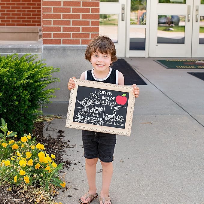 Bloom Owl First Day of School Chalkboard Sign - 11.5"x15" Reusable Back to School Photo Prop with Wooden Ruler Frame for Preschool, Kindergarten, and Beyond
