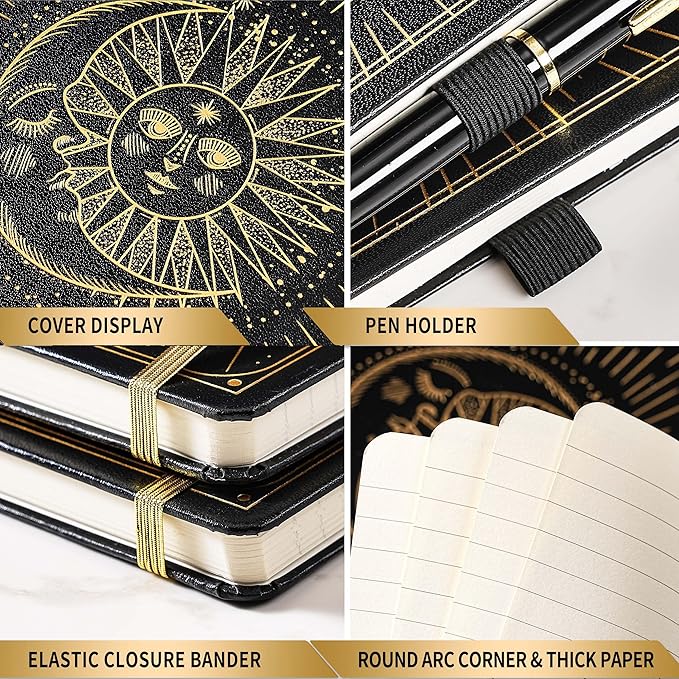 Artfan Ruled Notebook/Journal – Premium Thick Paper Classic Writing Notebook with Pocket + Page Dividers Gifts, Banded, Large, 128 Pages, Hard Cover, Lined (5.3" x 8.26") - Sun and Moon