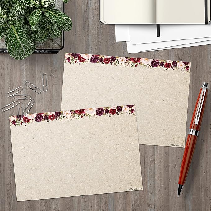 321Done Index Cards with Red Roses Floral Design - (50) 4x6 Kraft Cards - Blank, No Lines - For Studying, Learning, Notes, Messages, Notecards, Crafts & Card Making - Pretty, Cute - Made in USA