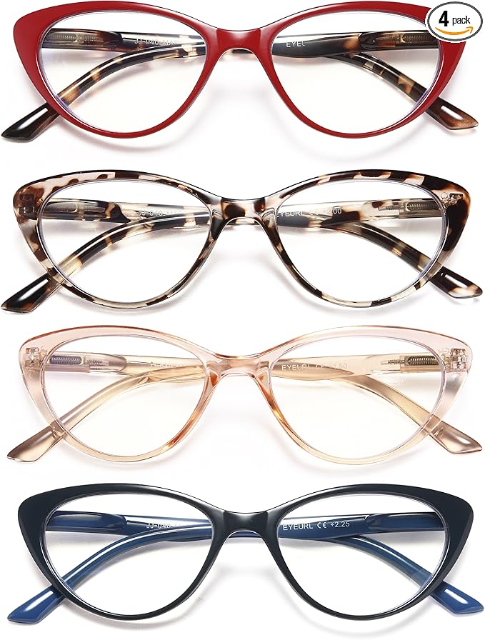 EYEURL 4-Pack Cat Eye Reading Glasses for Women- Blue Light Blocking Readers with Spring Hinges,Anti-Glare/UV Rays Reading Glasses,1.25