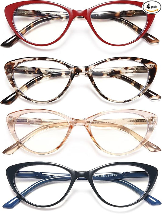 EYEURL 4-Pack Cat Eye Reading Glasses for Women- Blue Light Blocking Readers with Spring Hinges,Anti-Glare/UV Rays Reading Glasses,3.5