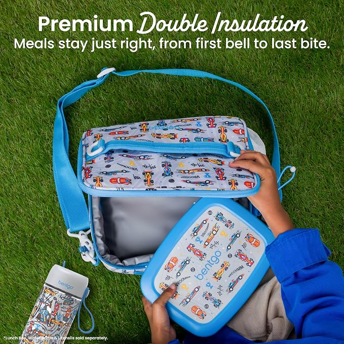 Bentgo Kids Prints Double-Insulated Reusable Lunch Bag | For Kids 3+, Adjustable Strap; Holds Lunch Box/Water Bottle/Snacks; Easy-Clean, Water-Resistant, Pockets (NEW Race Cars)