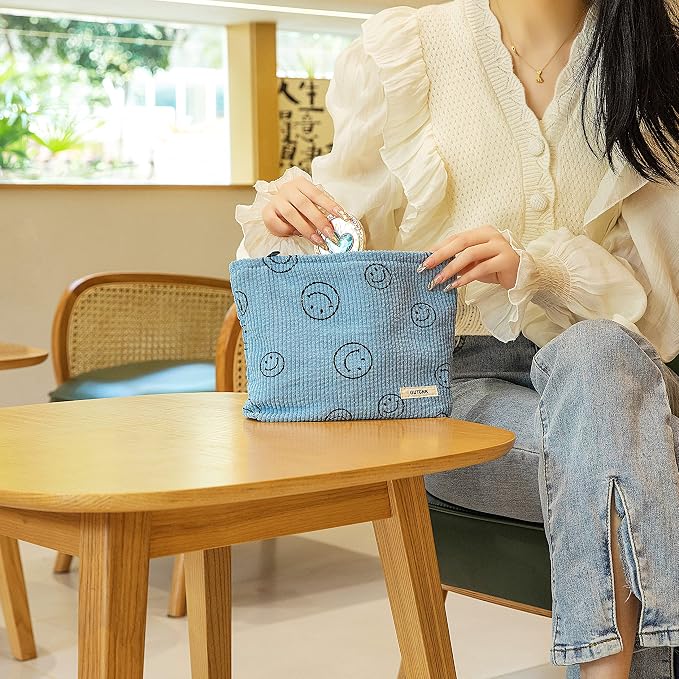 GUTGNK Makeup bag for Women, Corduroy Cosmetic Bag Aesthetic Design Ladies Tote Bag,Cute Smiley Face Makeup Organizer with Zipper - Blue
