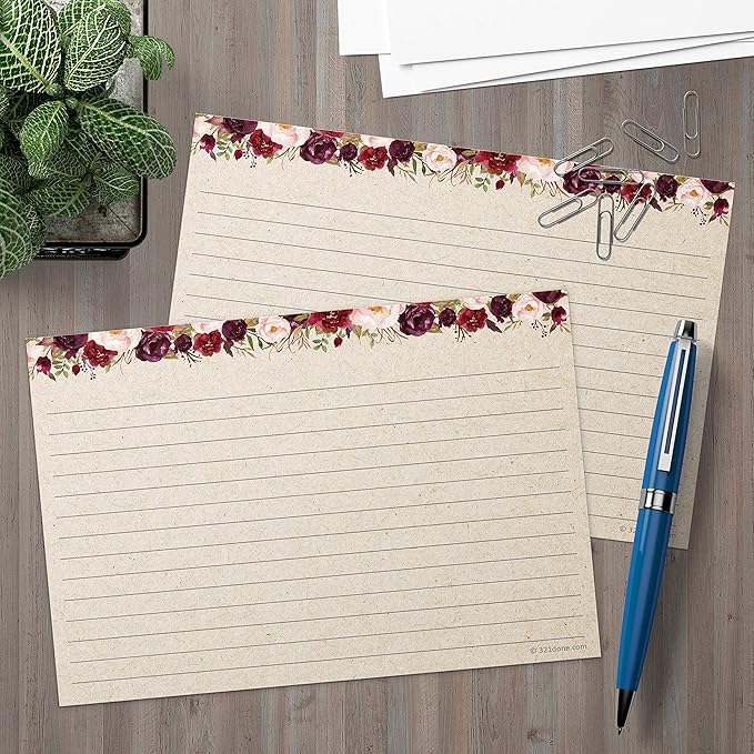 321Done Jumbo Floral Index Cards - Made in USA - Large Size 5x7 (Set of 50), Red Roses Rustic Kraft Tan College-Ruled Lined Notecards Double-Sided, Thick Heavy Duty Cardstock, Simple Note Cards, XL