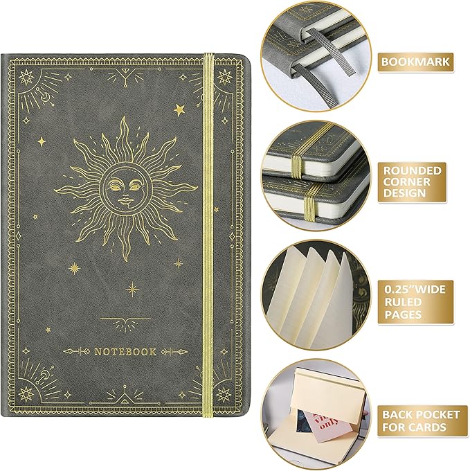 Artfan Ruled Notebook/Journal – Premium Thick Paper Faux Leather Classic Writing Notebook with Pocket + Page Dividers Gifts, Banded, Large, 144 Pages, Hard Cover, Lined (5.8''x 8.4'') - Dark Gray