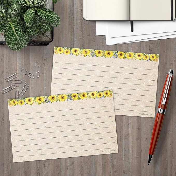 321Done Ruled Note Cards, Sunflower 3x5 Thick Index Cards - Kraft Tan Card Stock, Notecards & Stationery with Lines for Writing, Stamping - Made in USA, Set of 50 - No Envelopes