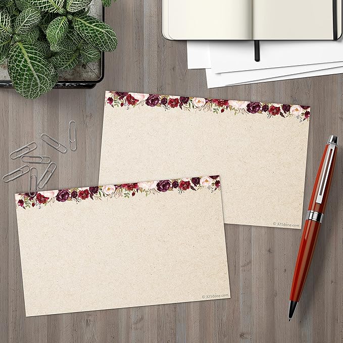 321Done Red Rose Floral Index Cards - Blank, No Lines - (50) Small 3x5 Kraft Cards - For Studying, Learning, Flashcards, Desk Notes, Messages, Notecards, Card Making - Cute, Pretty - Made in the USA