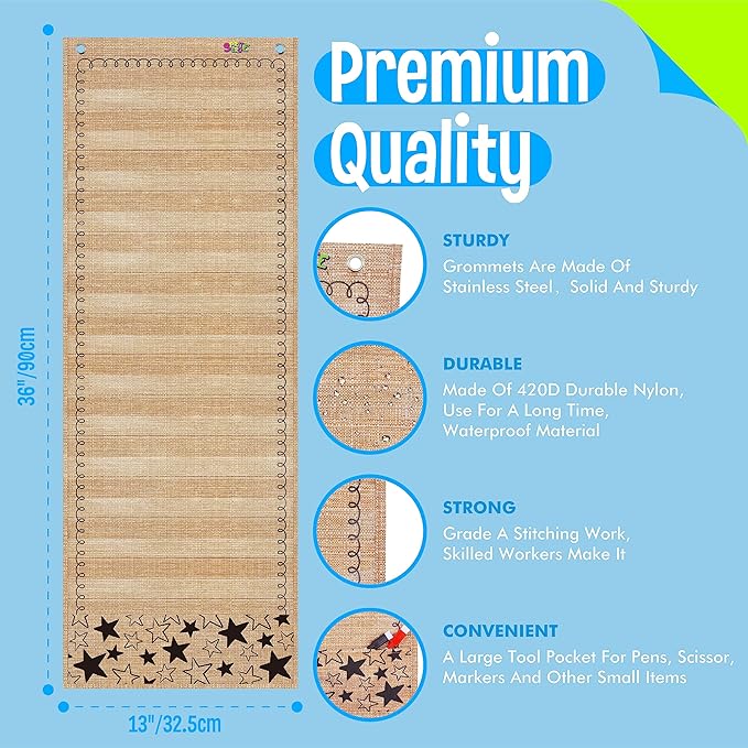 Daily Schedule Pocket Chart, Burlap Classroom Chart with 13+1 Pockets, 26 Reusable Cards (13 Double Sided Printed Cards & 13 Blank Ones) plus 2 Metal Mounting Hangers (Burlap, 13” x 36”)