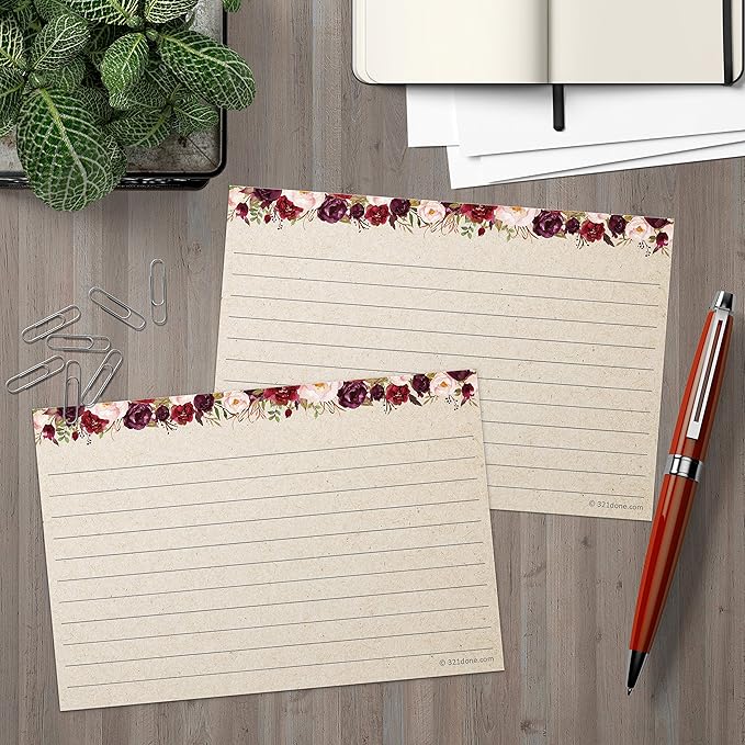 321Done Ruled Note Cards, Floral 4x6 Thick Index Cards - Kraft Tan Card Stock, Notecards & Stationery with Lines for Writing, Stamping - Made in USA, Set of 50 - No Envelopes