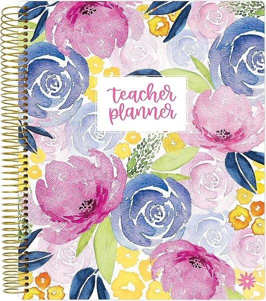 bloom daily planners Undated Academic Year Teacher Planner & Calendar - 7 Period Lesson Plan Organizer Book with Frosted Cover (9" x 11") (Watercolor Floral)