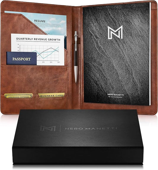 Nero Manetti - Leather Portfolio Folder - Business PU Leather Notepad Holder for Resumes, Legal Pad Executive Binder, Professional Padfolio Notebook for Women/Men (Brown)
