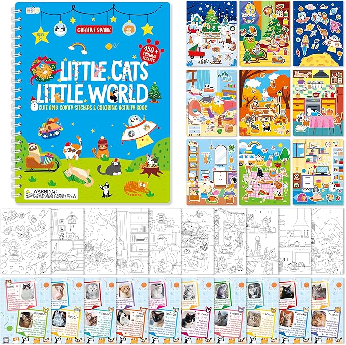 Cat Sticker Activity Book, 450 Reusable Stickers, 10 Dry-Erase Scenes & 10 Coloring Pages, Cat-Themed Activity Book, Educational Hands-on Travel Game - Great for Kids, Adults, Boys & Girls