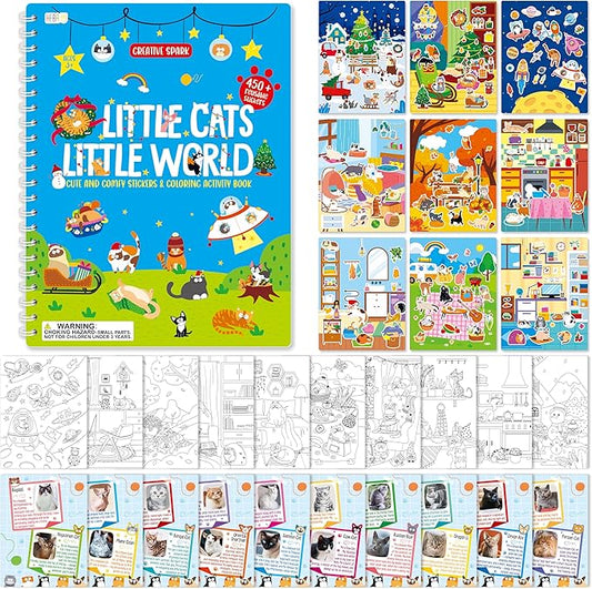 Cat Sticker Activity Book, 450 Reusable Stickers, 10 Dry-Erase Scenes & 10 Coloring Pages, Cat-Themed Activity Book, Educational Hands-on Travel Game - Great for Kids, Adults, Boys & Girls