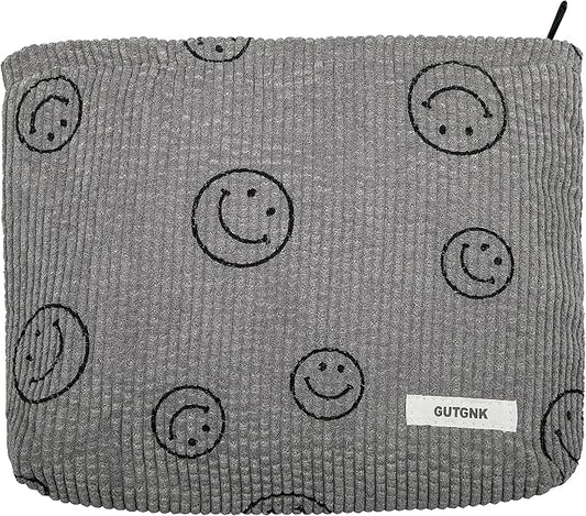 Makeup bag for Women, Corduroy Cosmetic Bag Aesthetic Design Ladies Tote Bag,Cute Smiley Face Makeup Organizer with Zipper - Gray
