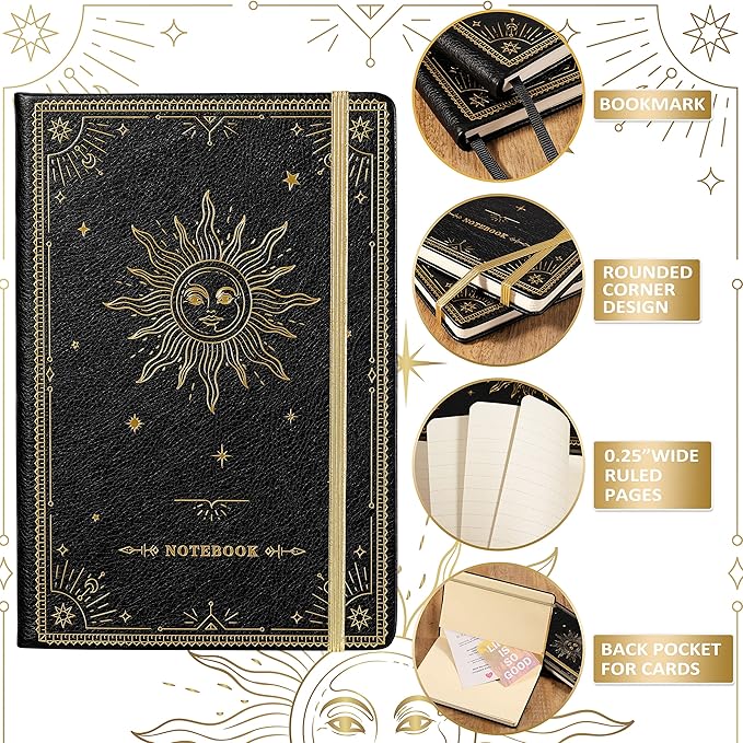Artfan Ruled Notebook/Journal – Premium Thick Paper Classic Writing Notebook with Pocket + Page Dividers Gifts, Banded, Large, 128 Pages, Hard Cover, Lined (5.3" x 8.26") - Black