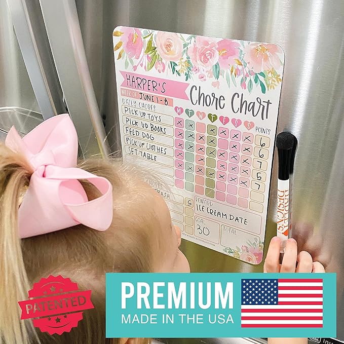Hadley Designs Magnetic Chore Chart for Kids – Reward Chart for Kids, Dry Erase Responsibility Board for Children at Home, Fridge Behavior Tracker for Daily & Weekly Tasks, Floral Toddler Chore Board