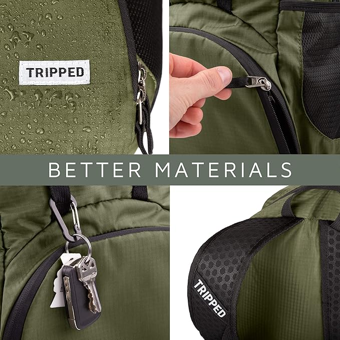 TRIPPED Travel Gear Traveling Backpack- Foldable collapsible lightweight backpack for travel (Green) 35 liters