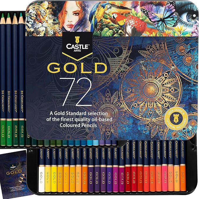 Castle Art Supplies Gold Standard 72 Colouring Pencils Set | Quality Oil-based Coloured Cores Stay Sharper, Tougher Against Breakage | For Adult Artists, Colourists | In Presentation Tin Box