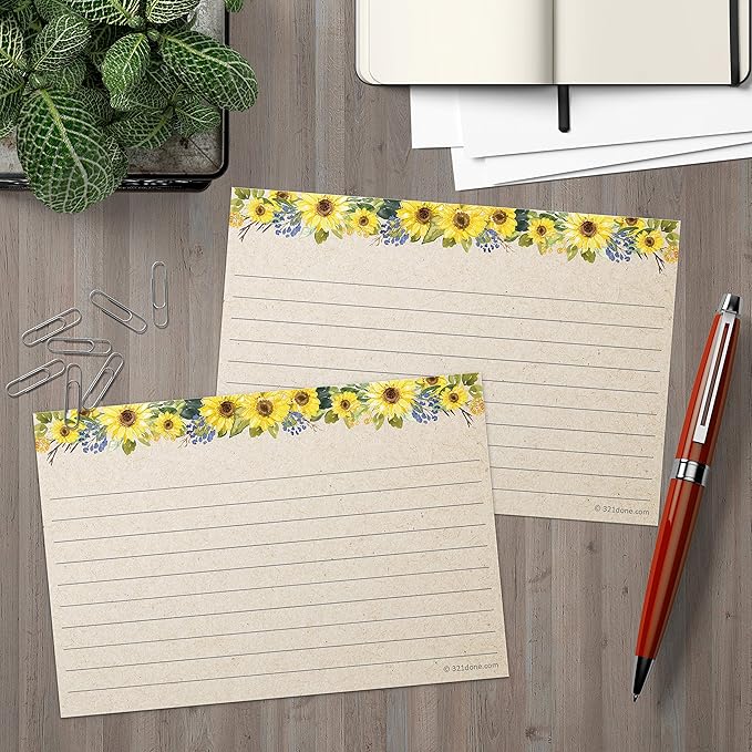 321Done Sunflower Index Cards - Made in USA - Large 4x6 (Set of 50) Rustic Kraft Tan College-Ruled Lined Notecards Double-Sided, Thick Heavy Duty Cardstock, Cute Pretty Sun Flowers Floral Ruled Lines