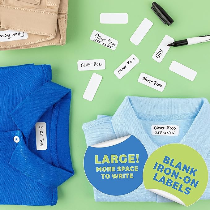 Writable Iron on Name Tags for Clothing 300pcs (Large) - Clothing Labels for Nursing Home & Daycare, Personalized & Custom Name Tag, Fabric Labels for Clothes Washable Precut 2”x0.75”
