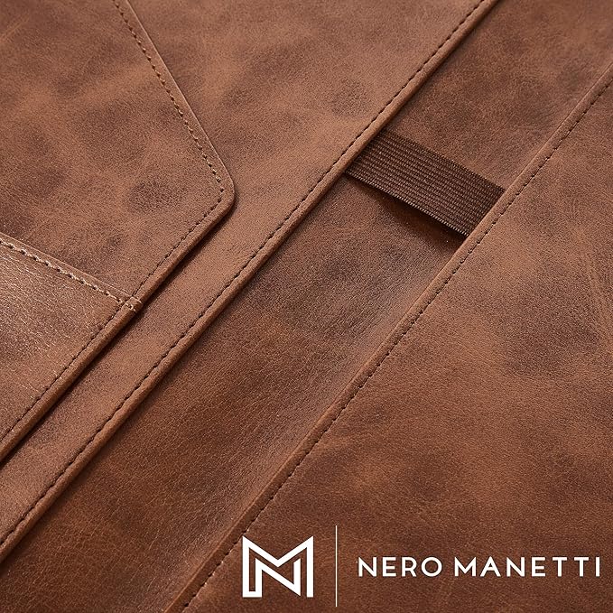 Nero Manetti - Leather Portfolio Folder - Business PU Leather Notepad Holder for Resumes, Legal Pad Executive Binder, Professional Padfolio Notebook for Women/Men (Brown)