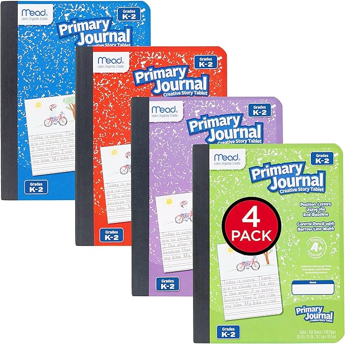Mead Primary Journal Creative Story Tablet Composition Notebook, 7.5" x 9.75", Grades K-2, 100 Sheets, 4 Pack, Assorted Colors (610051-ECM)