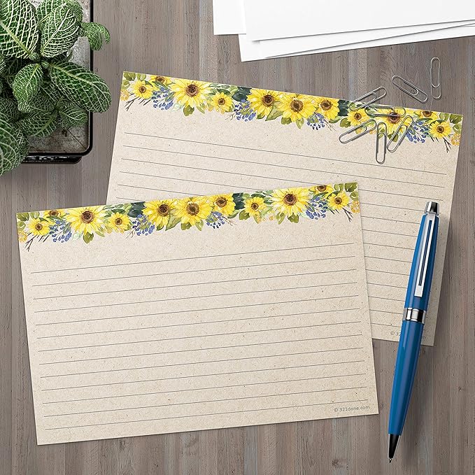 321Done Jumbo Sunflower Index Cards - Made in USA - Large Size 5x7 (Set of 50), Sun Flowers Rustic Kraft Tan College-Ruled Lined Notecards Double-Sided, Thick Heavy Duty Cardstock, Simple Lines, XL