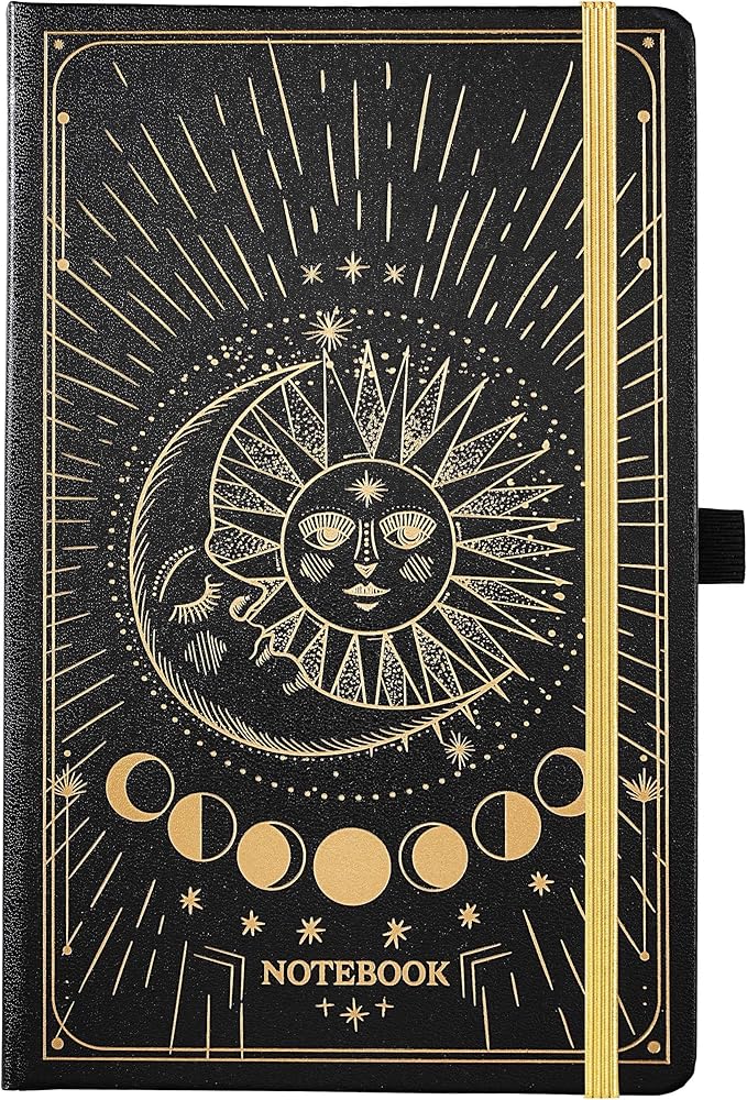 Artfan Ruled Notebook/Journal – Premium Thick Paper Classic Writing Notebook with Pocket + Page Dividers Gifts, Banded, Large, 128 Pages, Hard Cover, Lined (5.3" x 8.26") - Sun and Moon