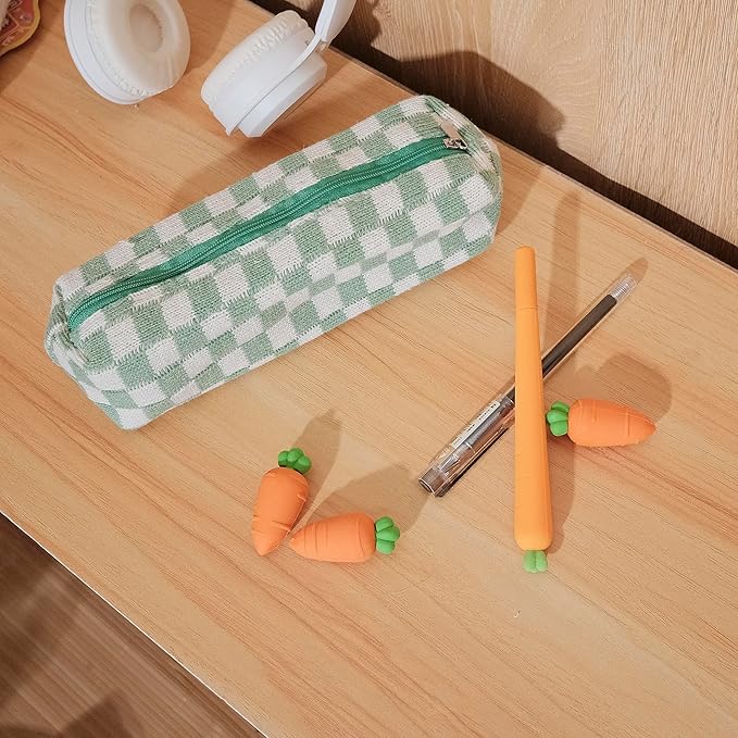 Pencil Case Pen Case Office College School Storage Bag Pouch Holder Box Organizer Makeup Pouch Cosmetic Bag Aesthetic Cute Pencil Case for Girls Boys Kids (Green + White)
