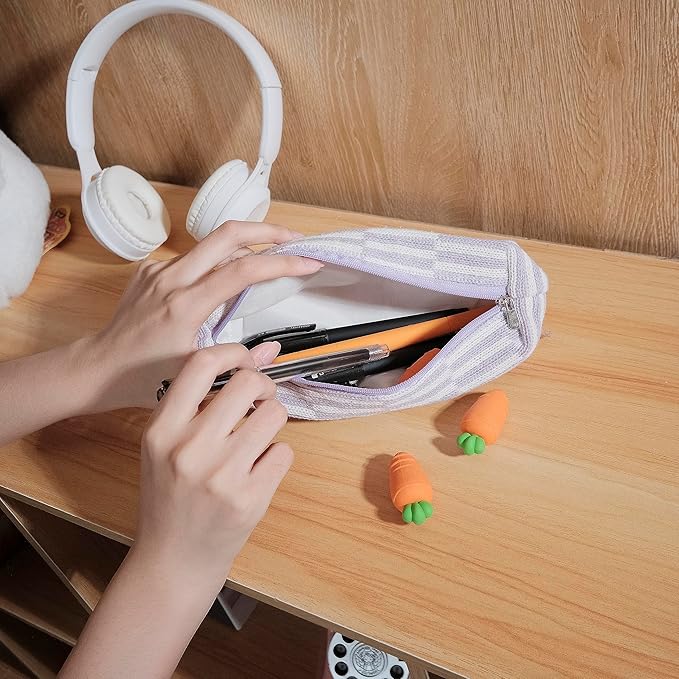 Pencil Case Pen Case Office College School Storage Bag Pouch Holder Box Organizer Makeup Pouch Cosmetic Bag Aesthetic Cute Pencil Case for Girls Boys Kids (Purple + White streak)